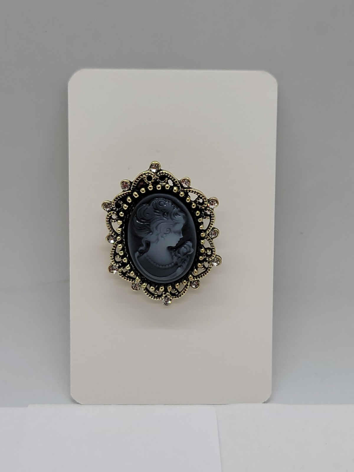 Vintage Victorian Style Cameo Brooch Pin Petite Black & Gray Rhinestone New