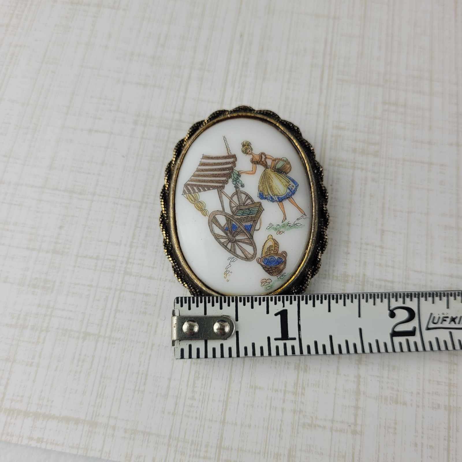 Vintage Lady Fruit and Vegetable Seller Cameo Gold Tone Brooch