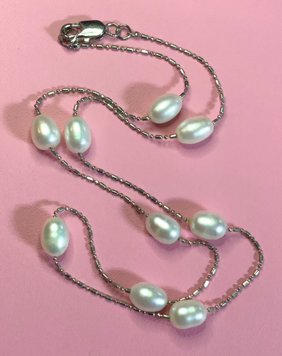Silver White Cultured Pearl Station Chain Necklace Real Genuine Baroque 17+” P29