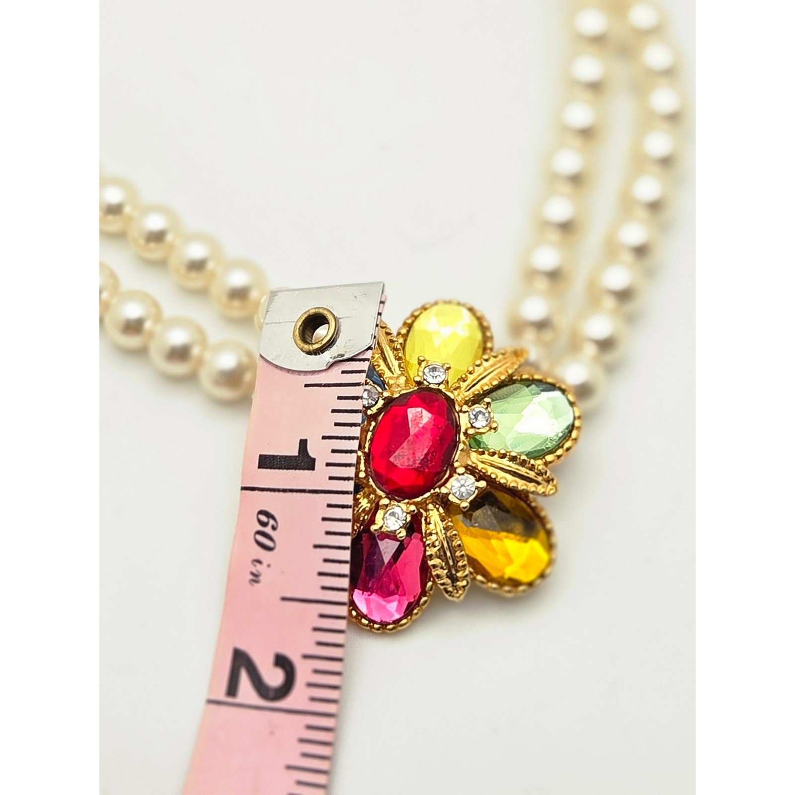 Vintage Style Multi-Color Cabochon Flower & Faux Pearl Double Strand Necklace –