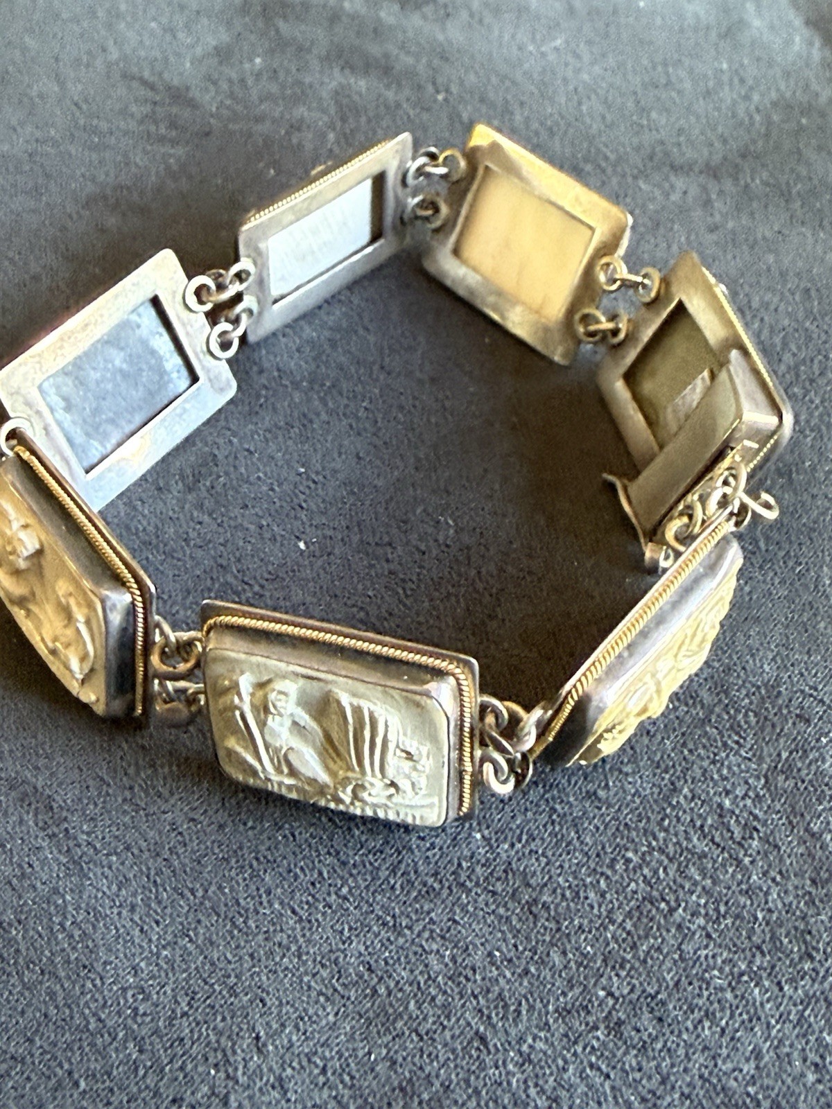 ANTIQUE 800 Silver 14KT GOLD CARVED Cameo SHELL DAYS OF THE WEEK BRACELET As Is