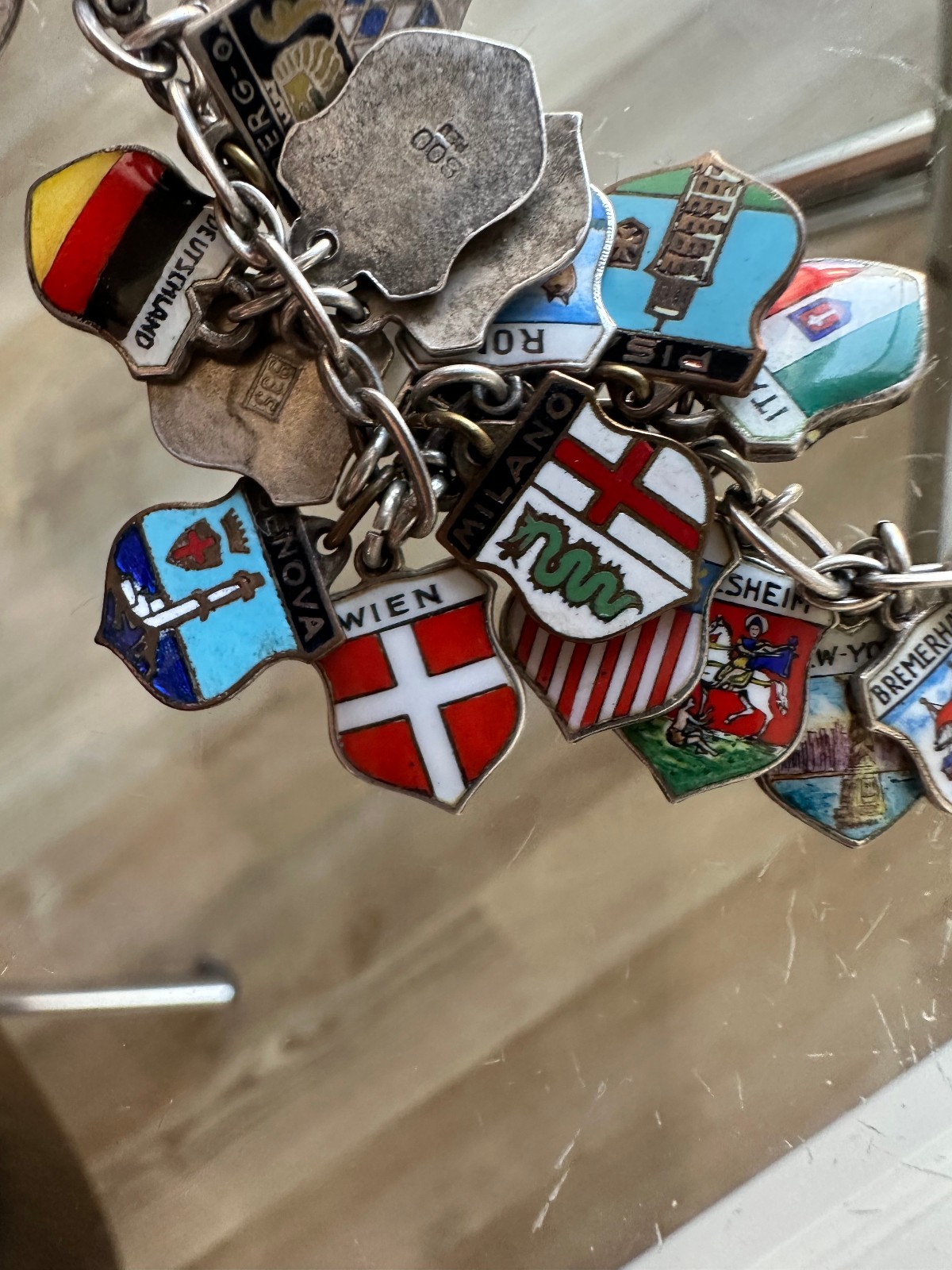 Sterling Silver Charm Bracelet & 35 Enamel European US Souvenir Travel Shields