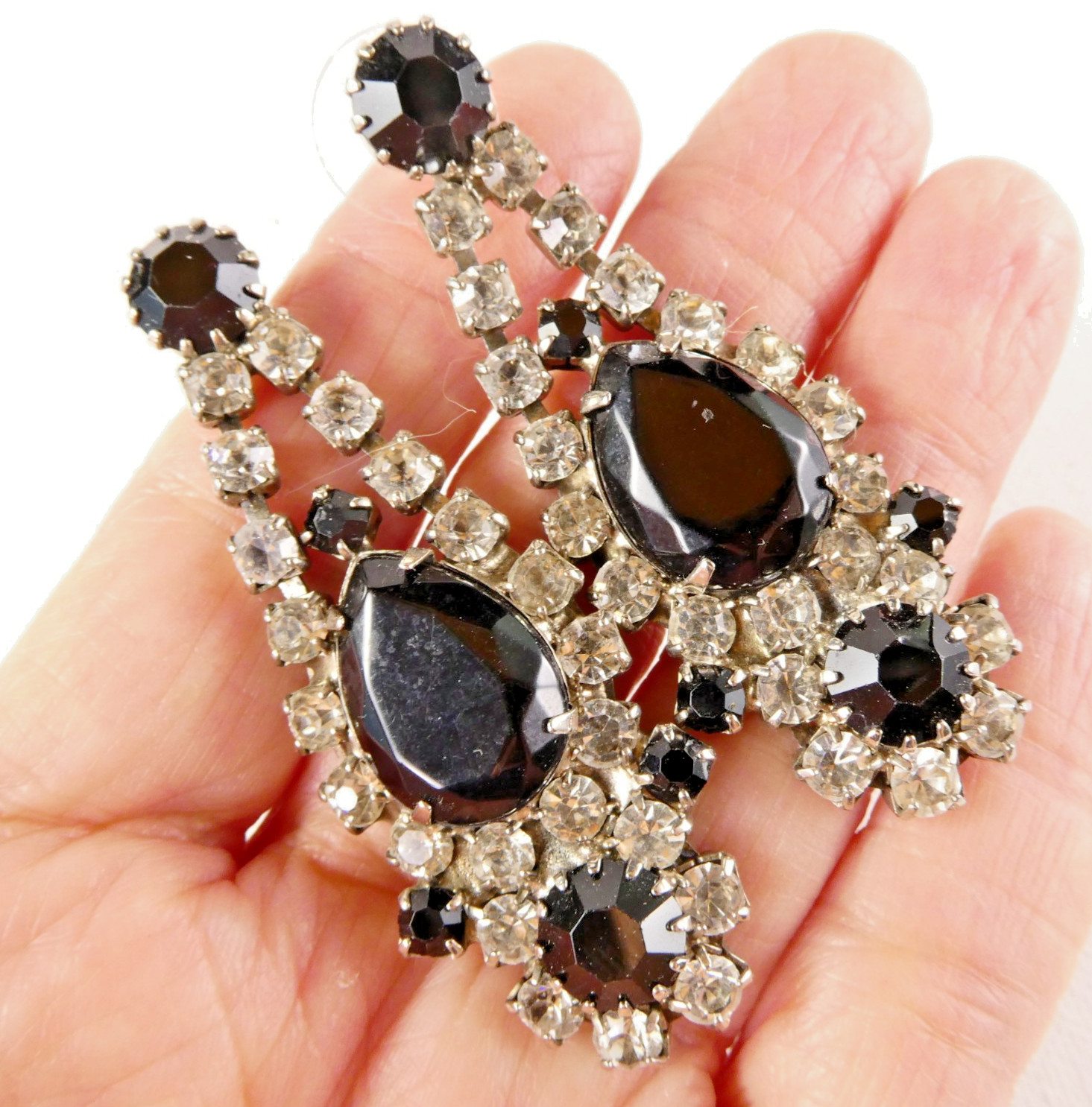Vintage Rhinestone Dangle Drop Earrings White Black Prong Set Clear Stones