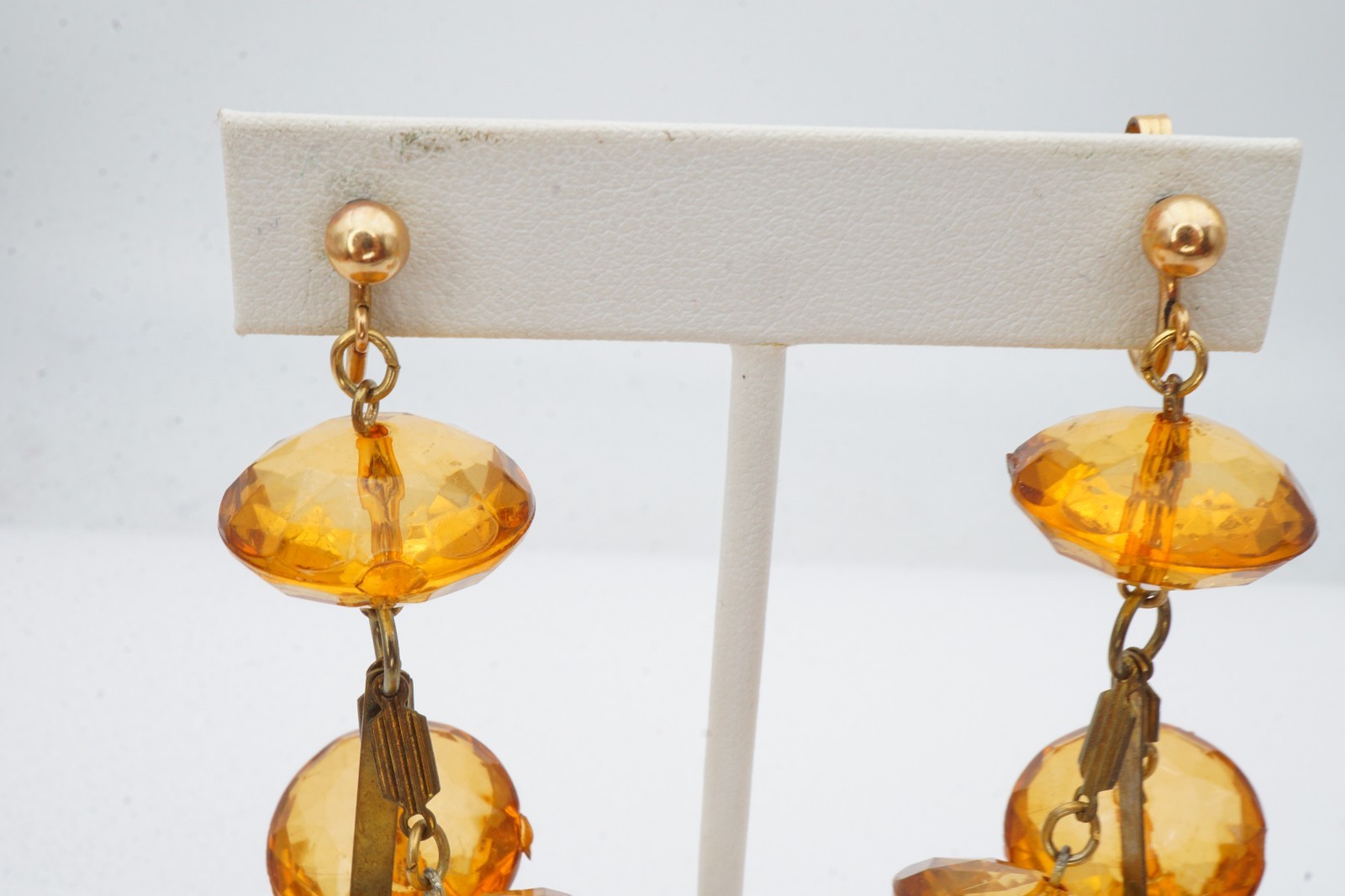 Vintage Clip On Earrings Gold Tone Orange Lucite