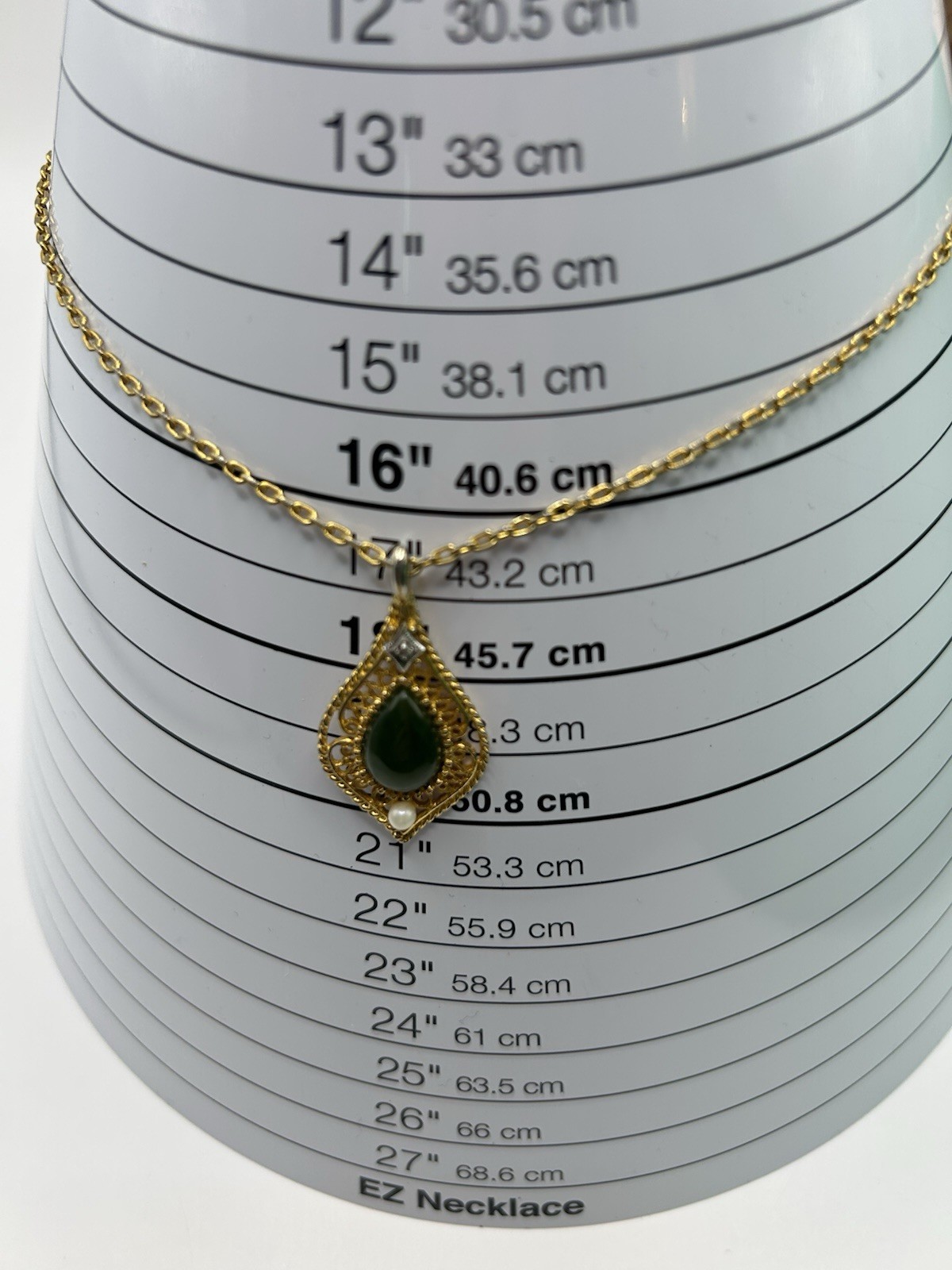 Vintage Green Jade Diamond Cultured Pearl Filigree Gold-tone Pendant Necklace