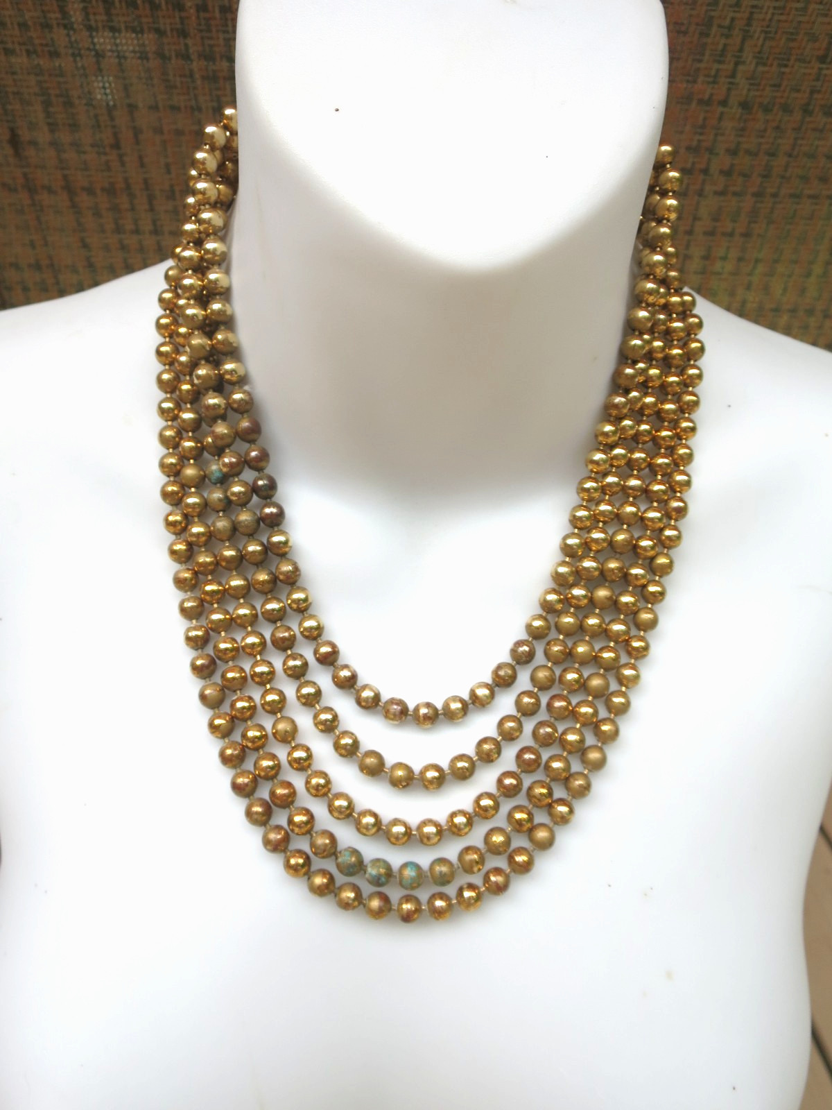 Vintage 30’s Multi 5 Strand Gold Tone Brass Ball Chain Tiered Necklace