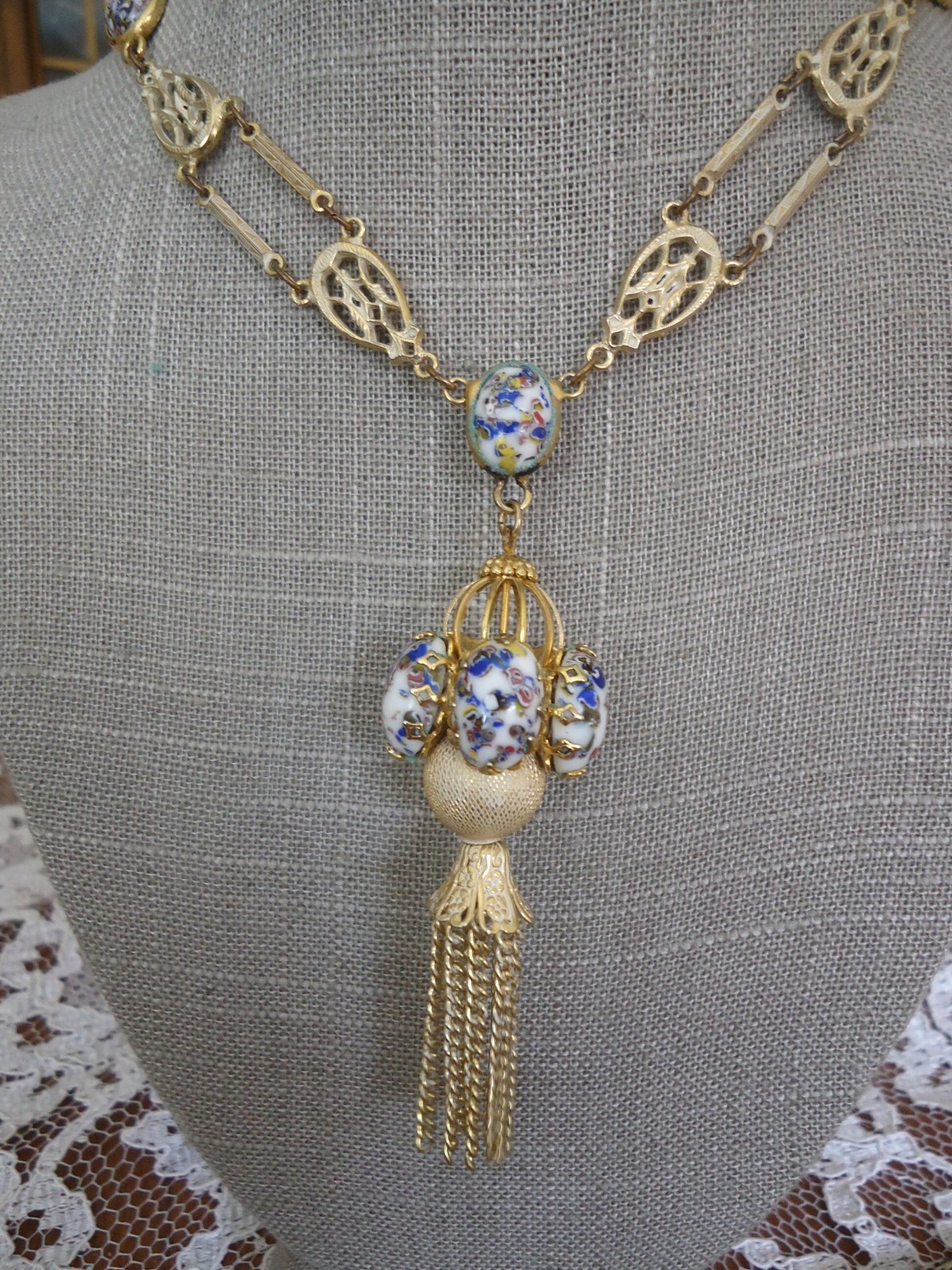Vintage Art Glass Lavalier Filigree Tassel Necklace, Gold Tone, 22″
