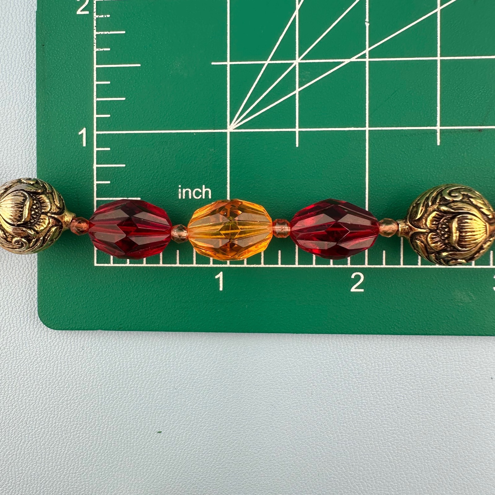 Vintage Lucite Bead Gypsy Necklace Faceted Red Orange Gold Tone Floral 46″ Boho