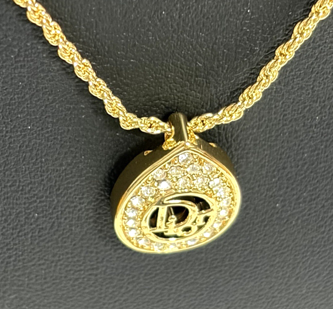 Christian Dior necklace pendant with CD logo rhinestones gold plated teardrop