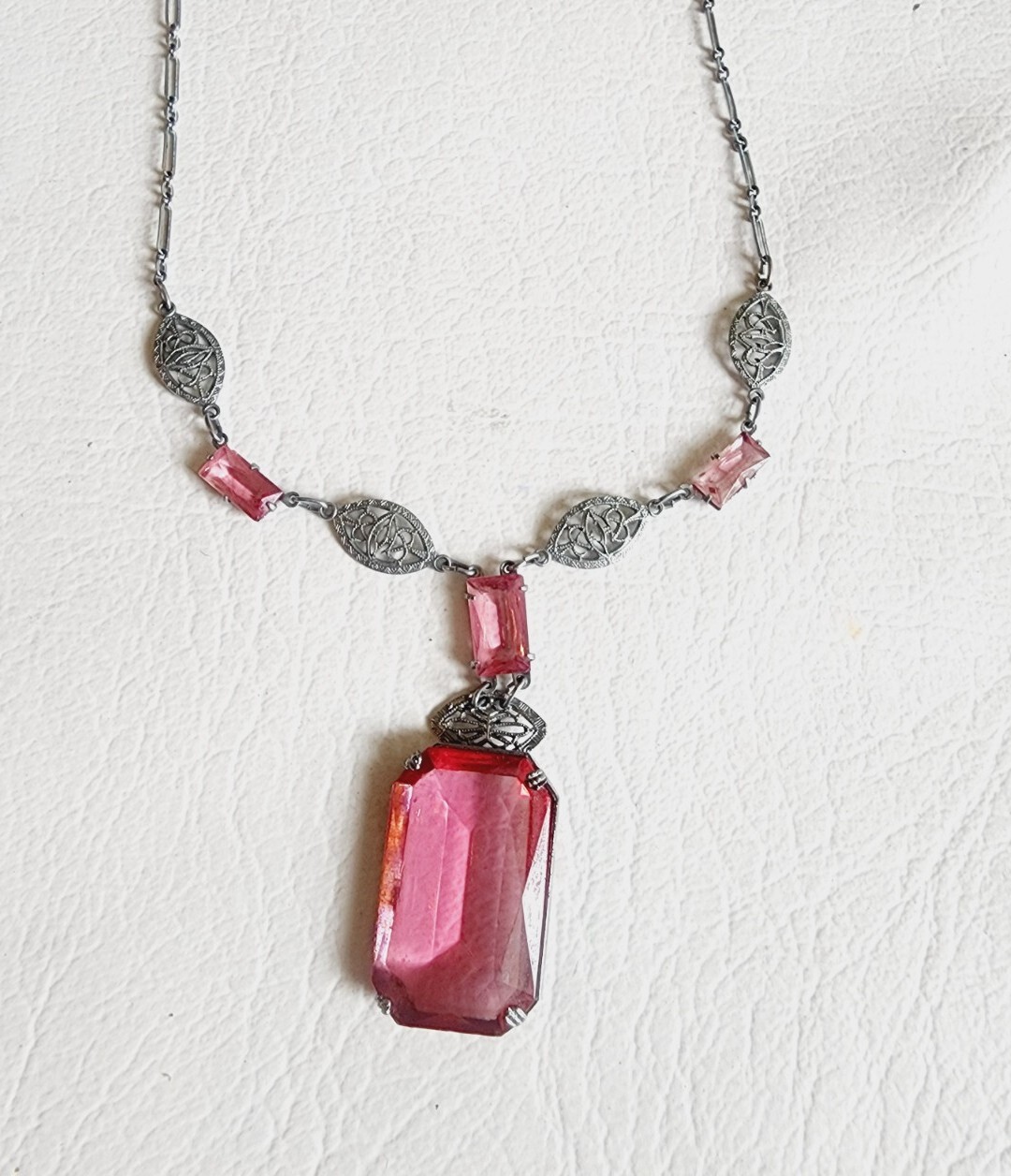 Antique ART DECO Silver Tone PINK CZECH Glass Filigree Necklace