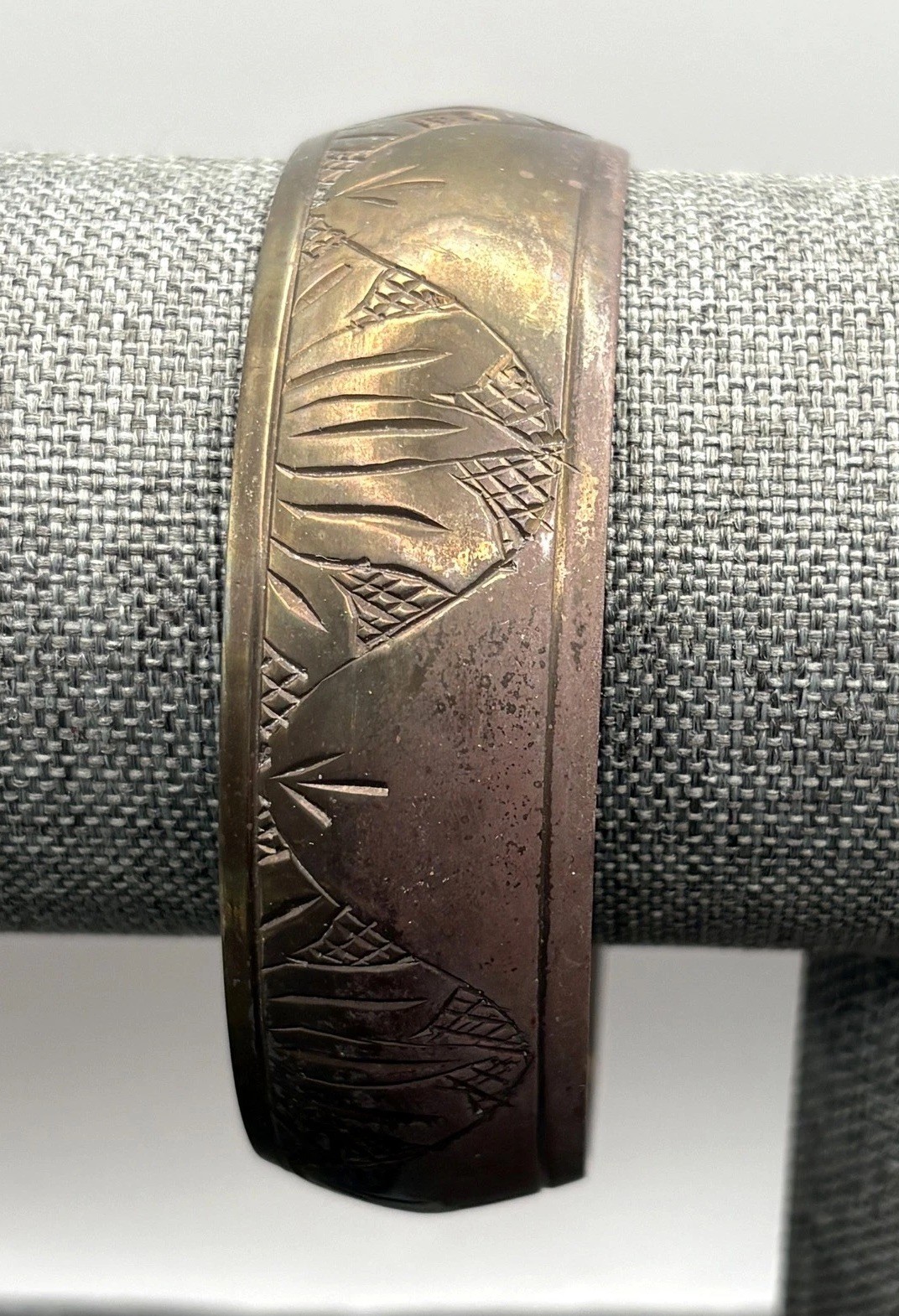 Vintage Brass Tone Plated Bangle Bracelet Wide Engraved Ethnic Boho Bohemian