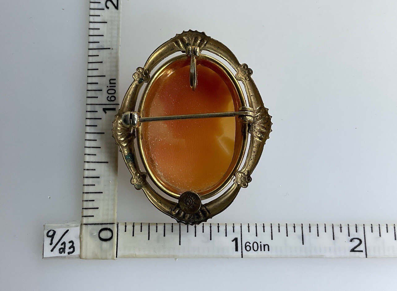 Vintage Gold Filled Carved Shell Lady CAMEO Left Facing Ornate Frame Brooch