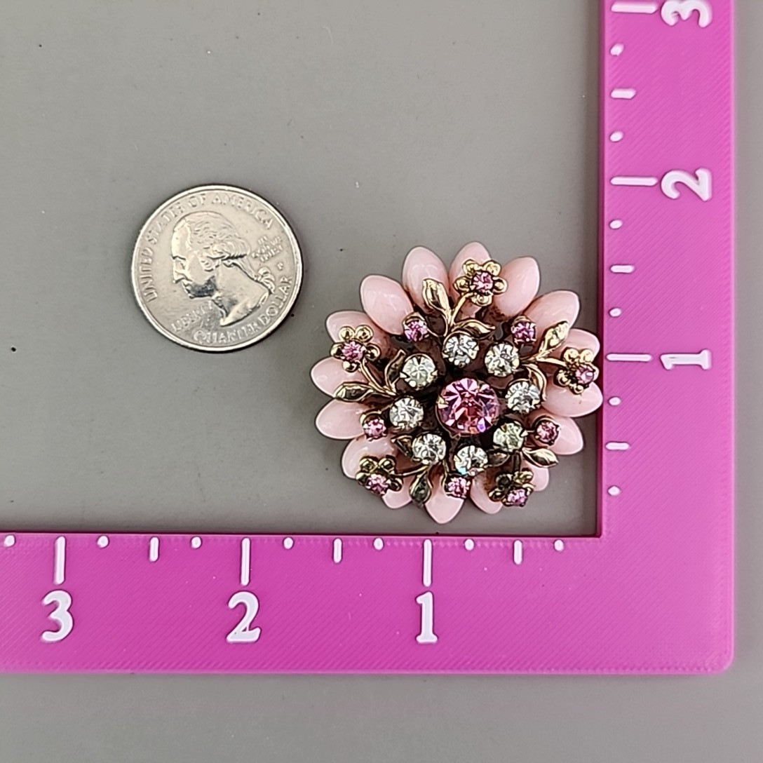 Vintage Flower Brooch Pink Acrylic Rhinestone Gold Tone Layers 1.5″