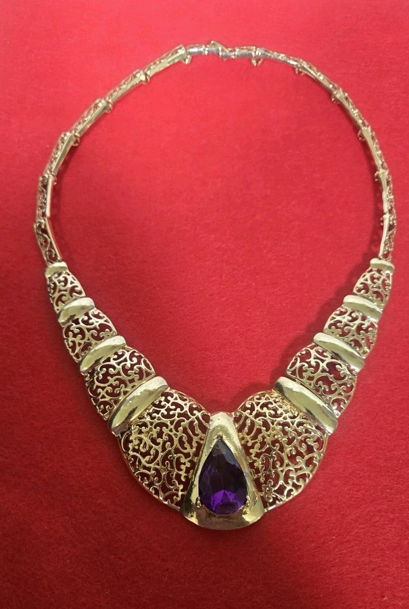 Vintage Large Teardrop Resin Acrylic Amethyst Collar Statement Necklace 18″