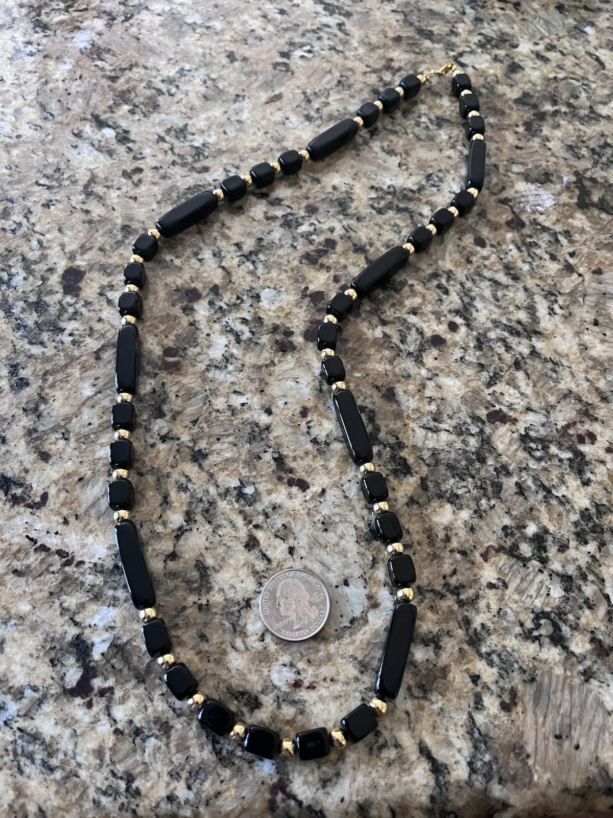 Trifari Signed 1970’s 1980’s Black Gold Resin Acetate Metal Beaded 30” Necklace