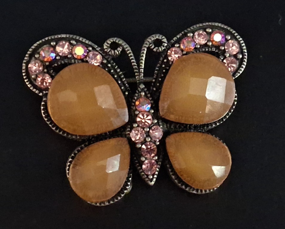Vintage Beautiful Butterfly Brooch Pink Rhinestone Butterscotch Wings Pin Rare