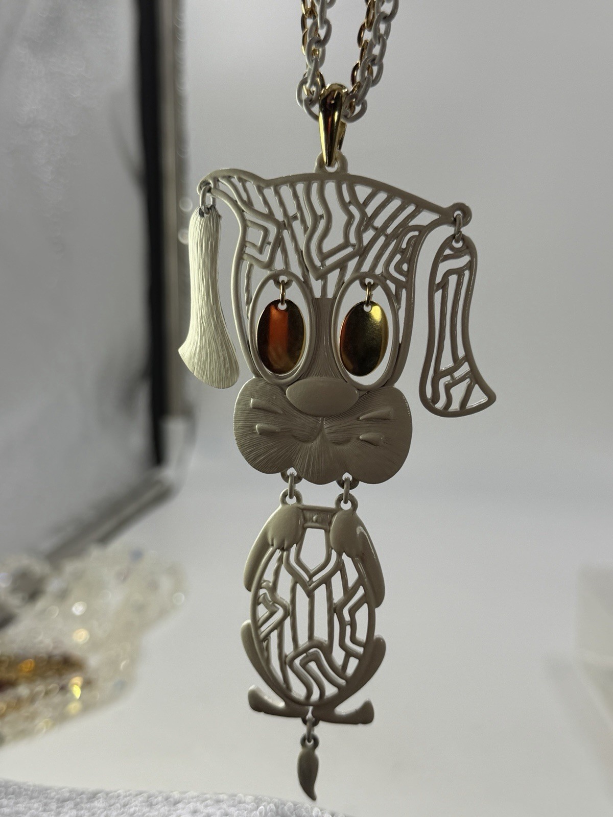Vintage Necklace Dog Pendant Articulated White Dangle Chain 24 In Signed Alan