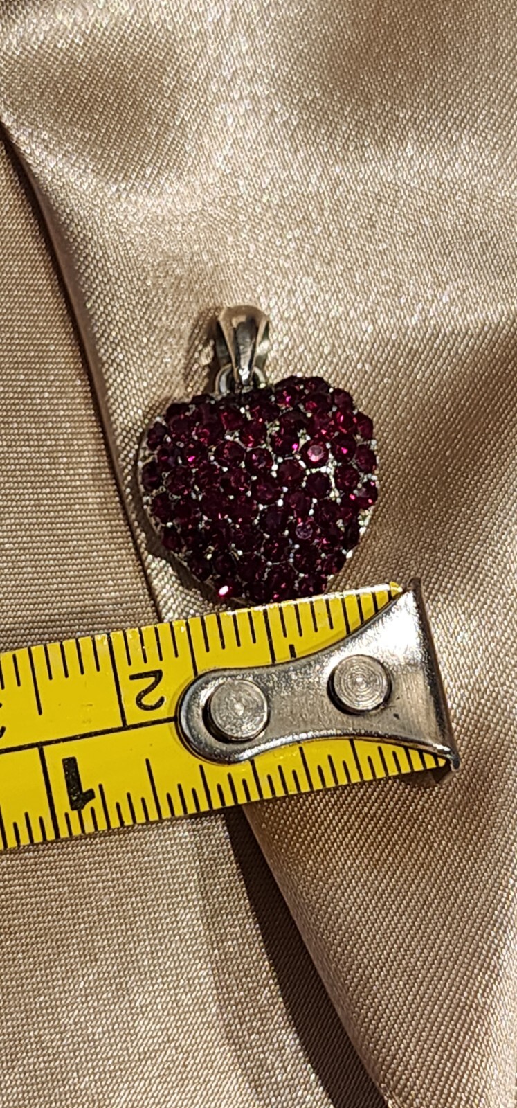 Red Rhinestone Puffy Heart Pendant Silver Tone Gift Birthday Christmas Valentine