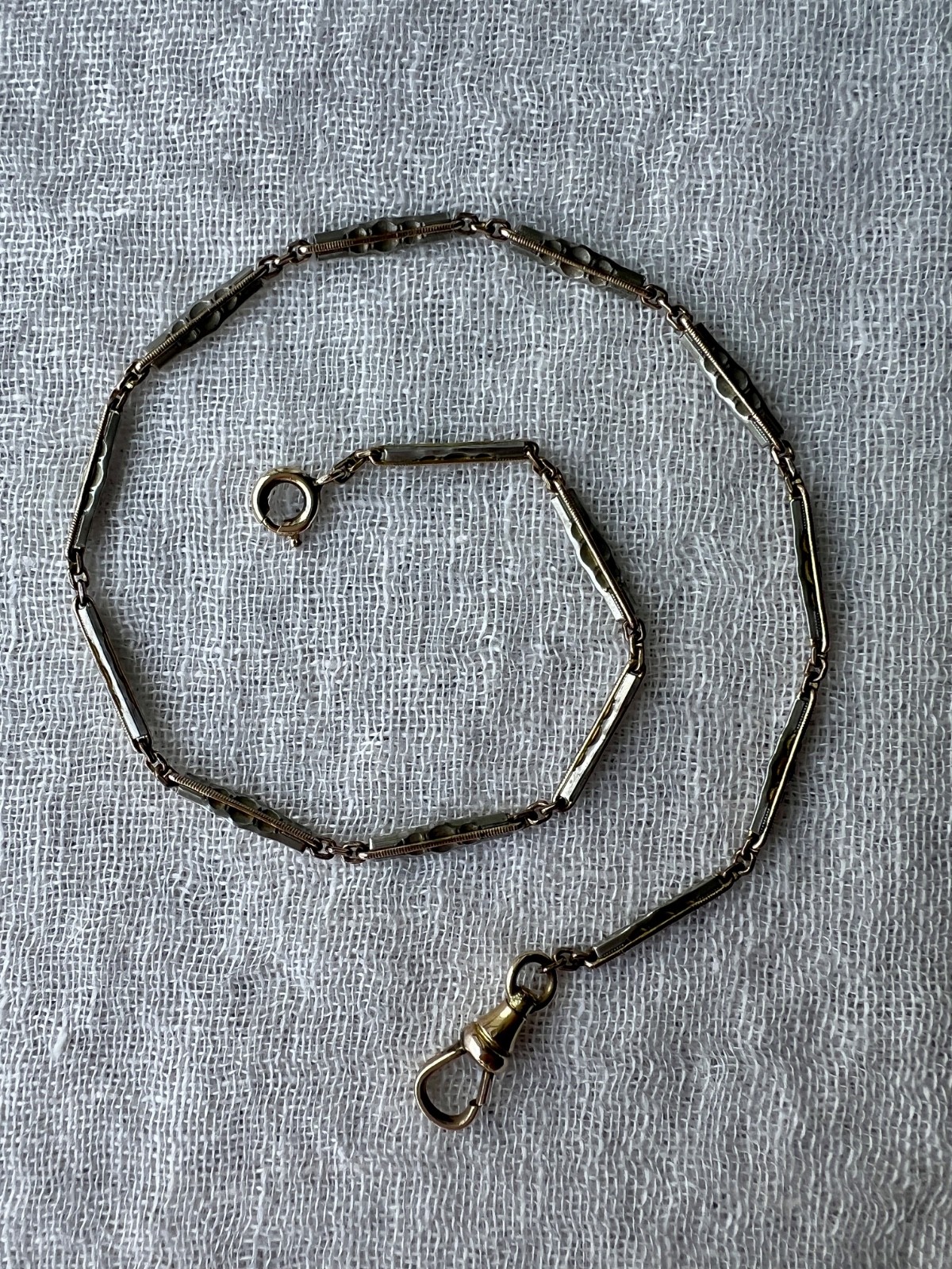 Art Deco 12K Gold Filled Two Tone Bar Link Watch Chain 14″ Swivel Dog Clip