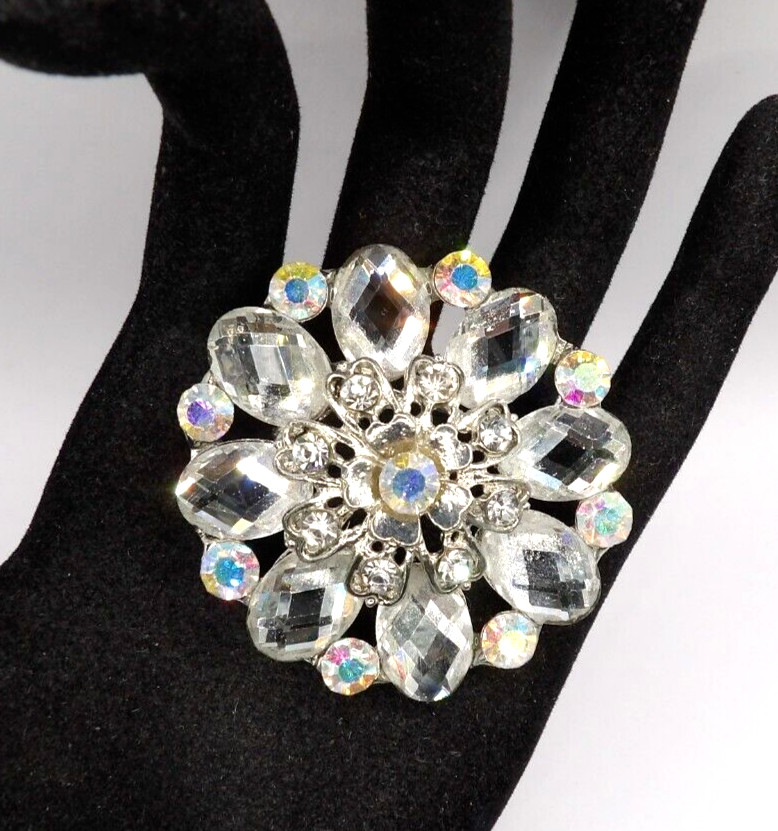 Vintage Clear Faceted & Aurora Borealis AB Crystal 2″ Round Cluster Brooch
