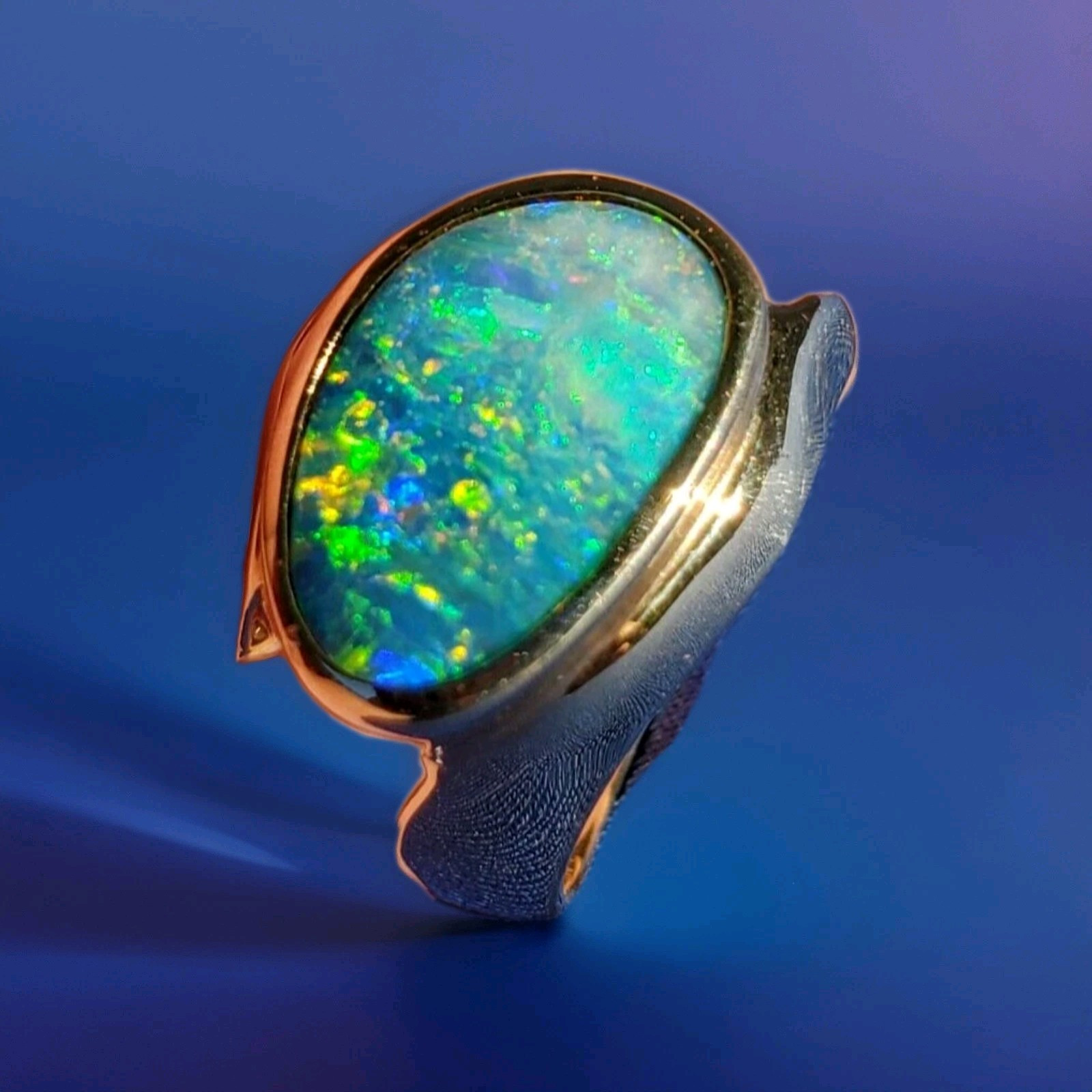 Original EARTH MINED Black OPAL Deco Ring Designer Hand made SOLID 14K GOLD 6.25