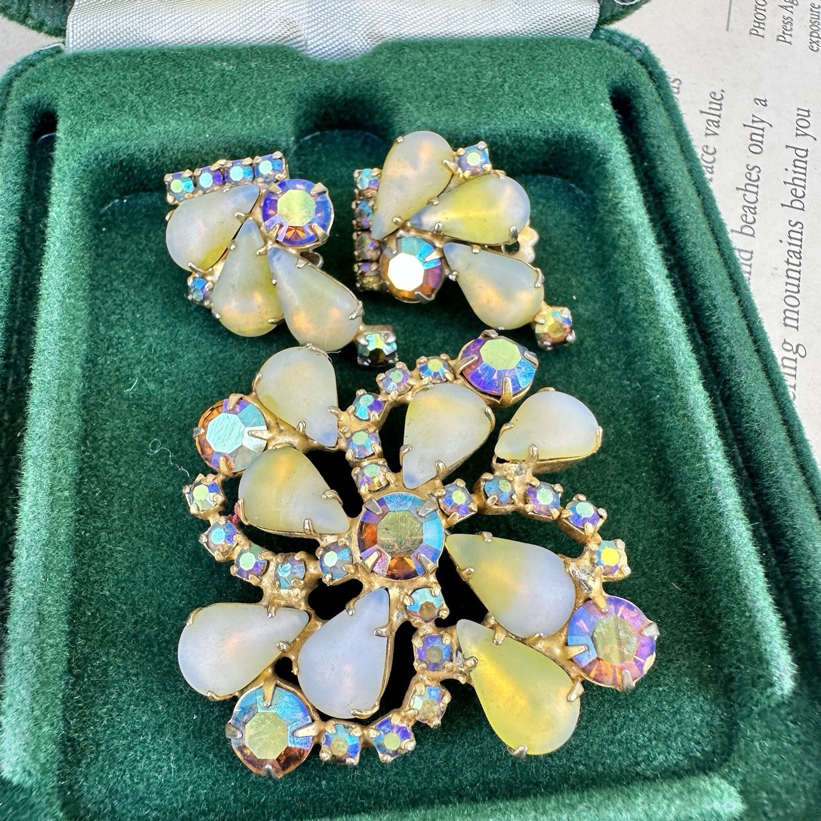 Vintage Opaline Brooch Earrings Set Juliana Kramer Style AB Rhinestone Glass