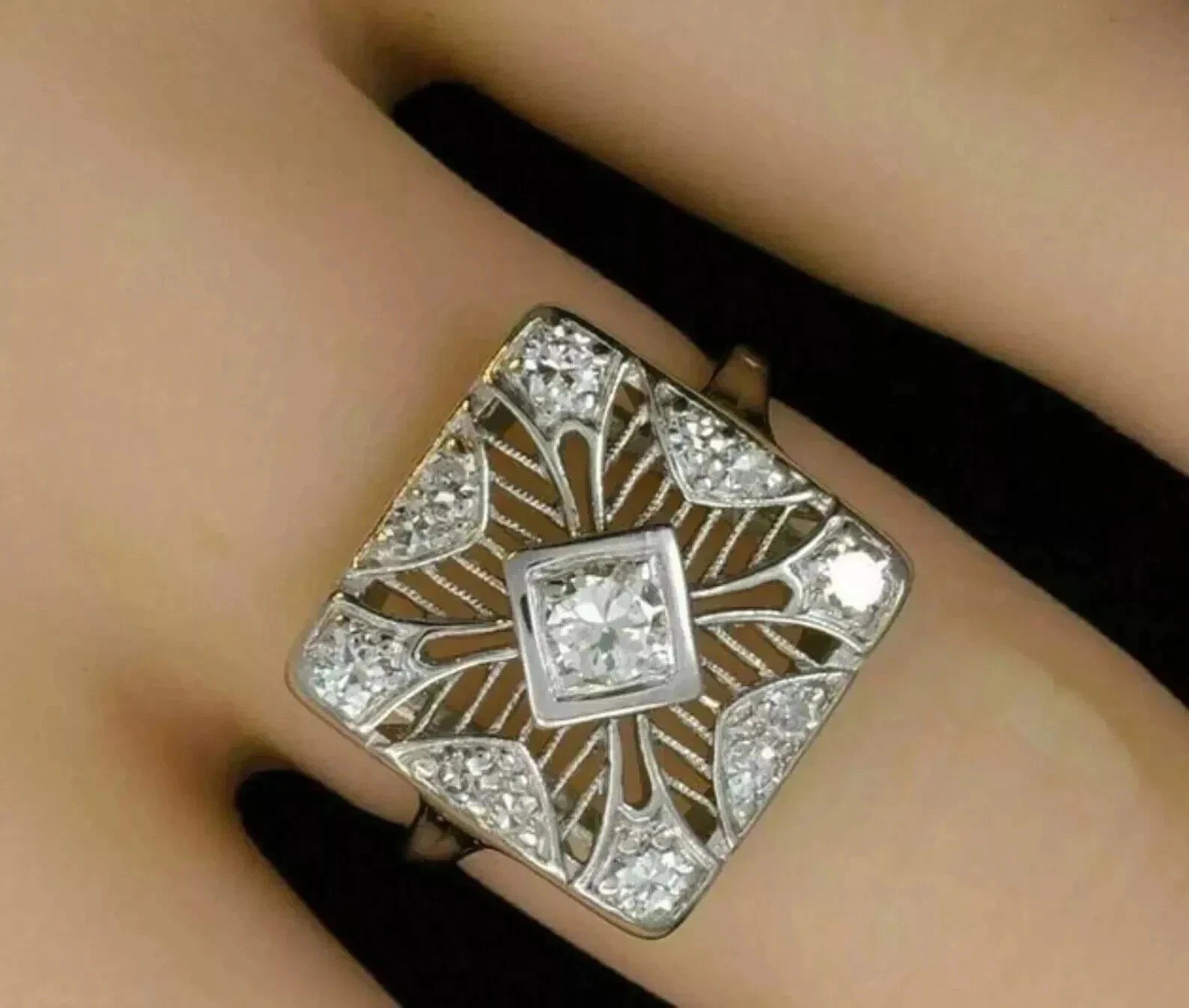 Art Deco Style 3.3Ct Lab Created Diamond Vintage Halo 14K White Gold Finish Ring