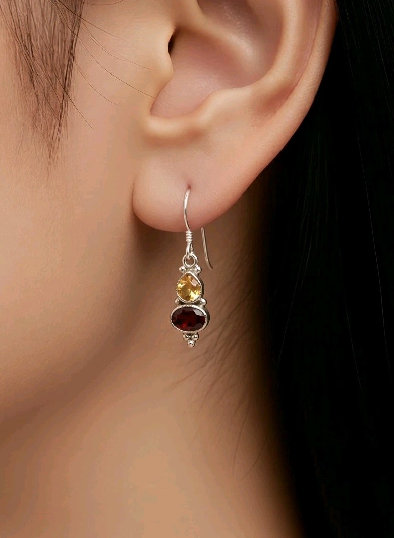 Garnet Earring Sterling Silver Citrine Drop Dangle Boho Multi Stone 925