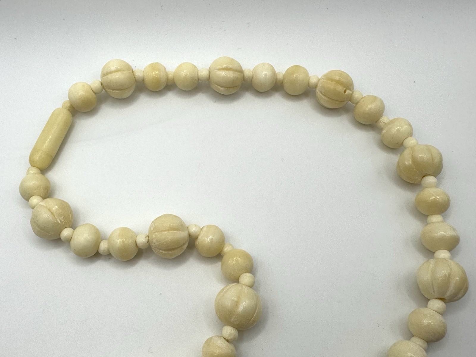 Vintage Antique Bovine Bone Beads Hand Carved Beaded Barrel Closure Necklace 31”