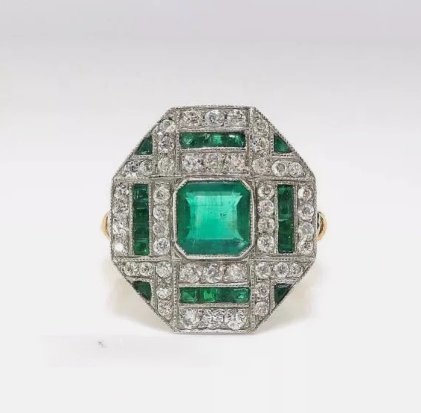 3.55CT Art Deco Style Green Lab Created Emerald Engagement 14K Gold Finish
