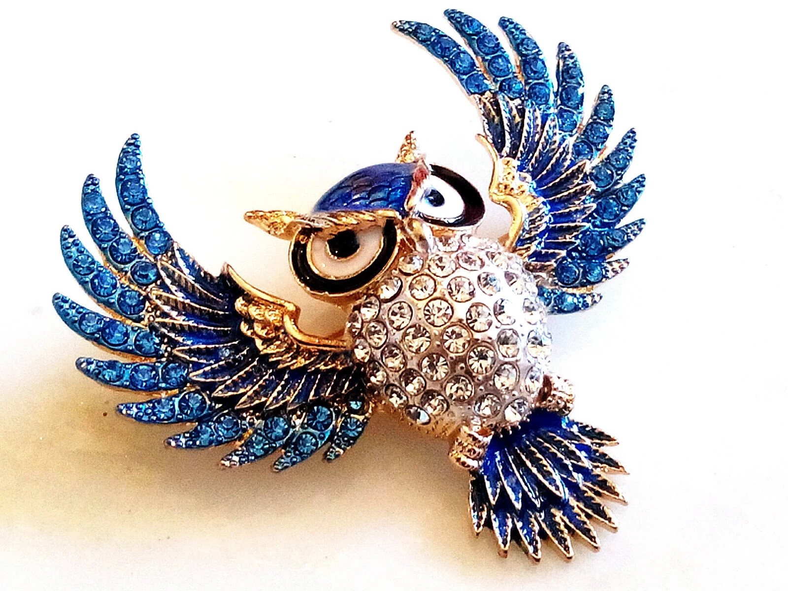 RHINESTONE OWL BROOCH! Enameled Wise Bird Pendant/Pin. Deep Blue Crystals.