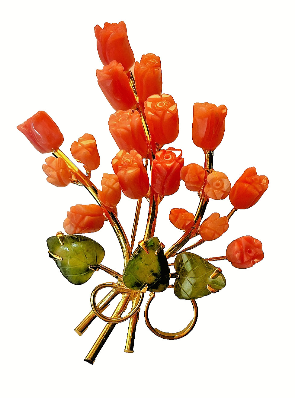 VINTAGE Brooch Bouquet Genuine Coral Pink Carved Roses Jade Leaves Gold Angelskn