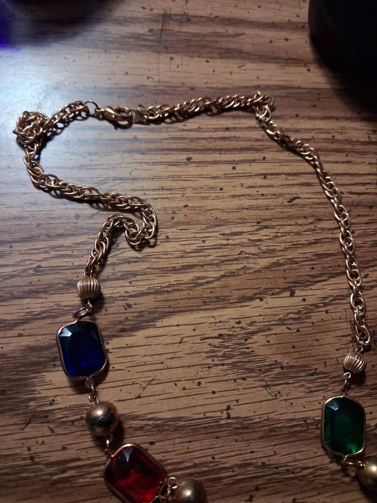 Vintage Multicolor Rectangular Glass Bezel Set Station Necklace Gold Tone 32″
