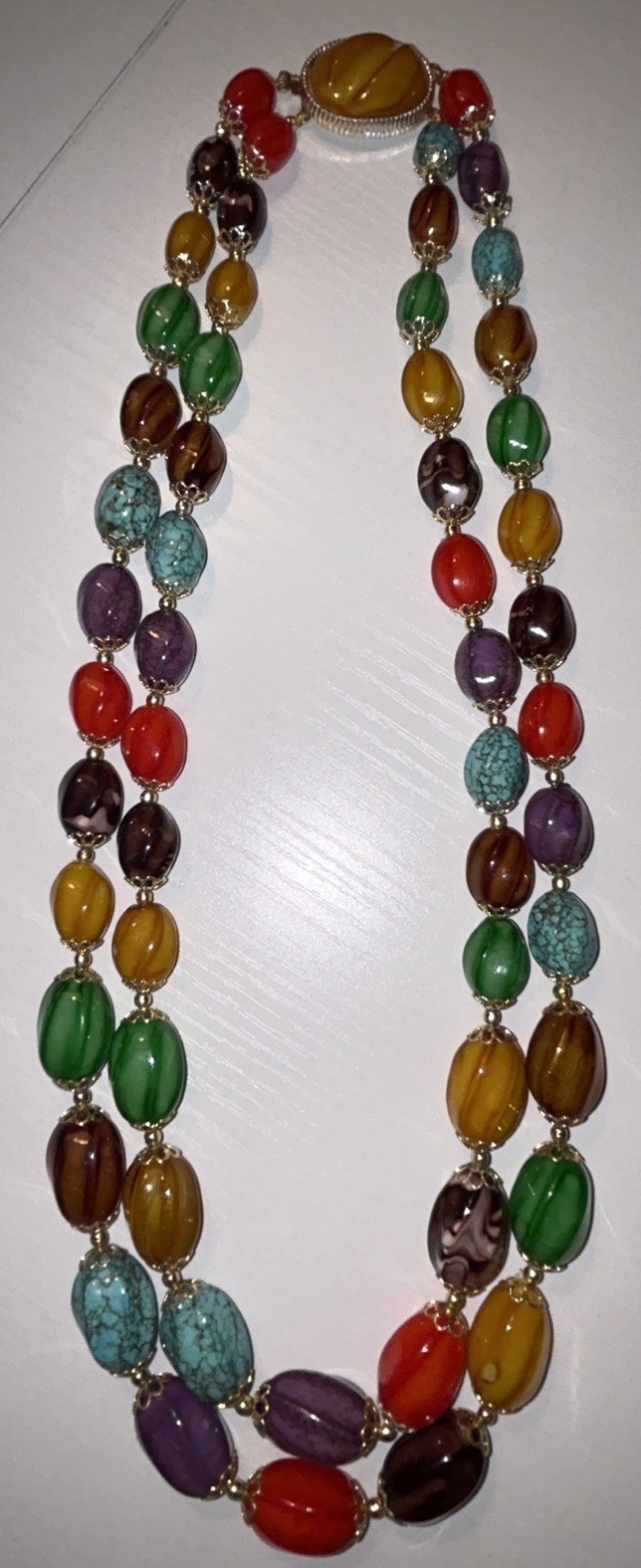 Vintage Hong Kong Multicolor Art Glass Bead Necklace Boho Statement 23” 80g 1960