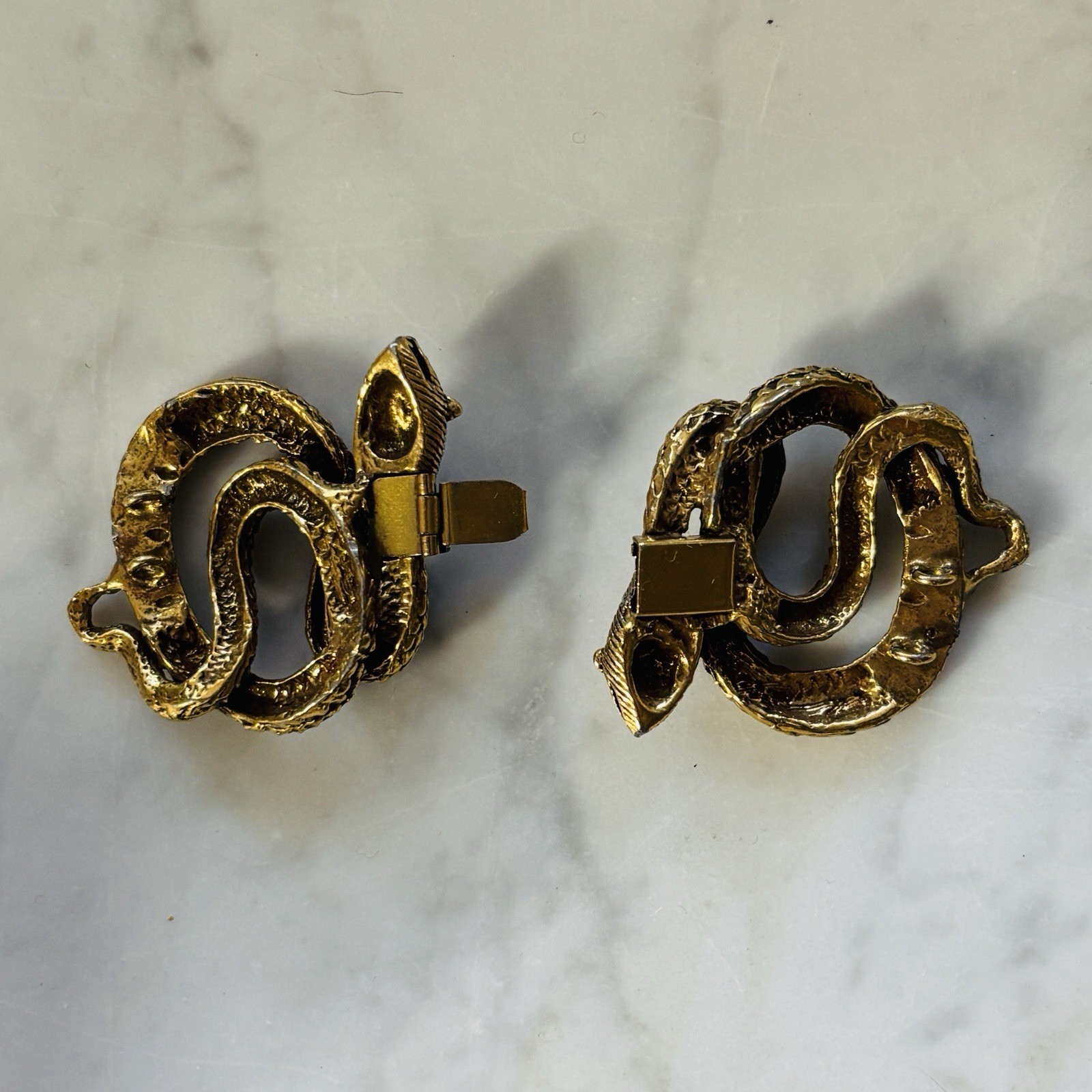 Antique Victorian Brass-Plated Repoussé Double Serpent Bracelet Clasp C. 1900