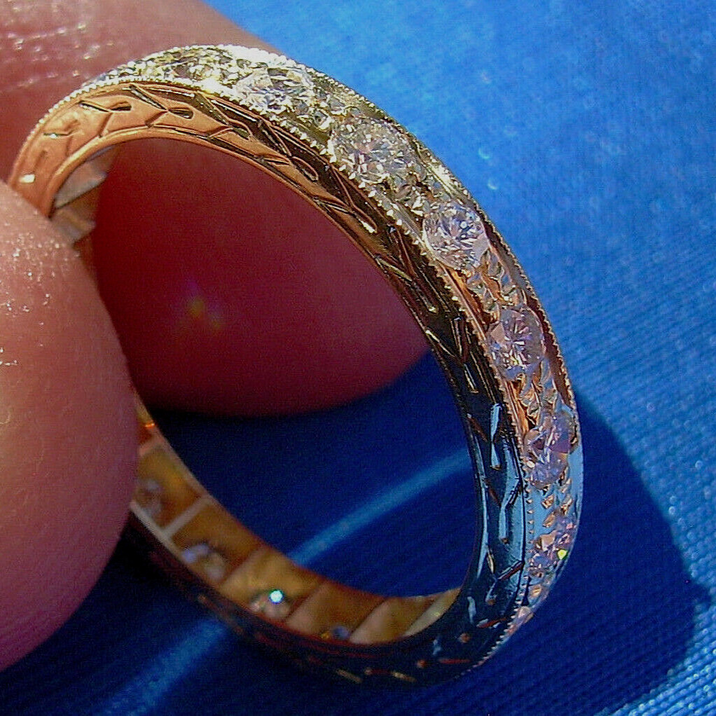ORIGINAL EARTH MINED DIAMOND Deco Wedding Band SOLID 14K GOLD Eternity Ring 9.5