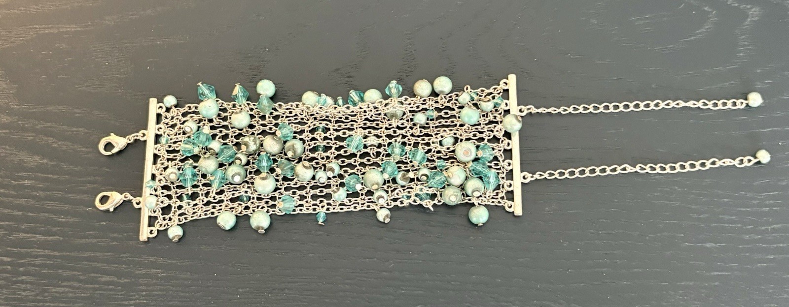 Vintage Silver Tone Mesh Bracelet Interwoven Turquoise and Teal Glass Beads