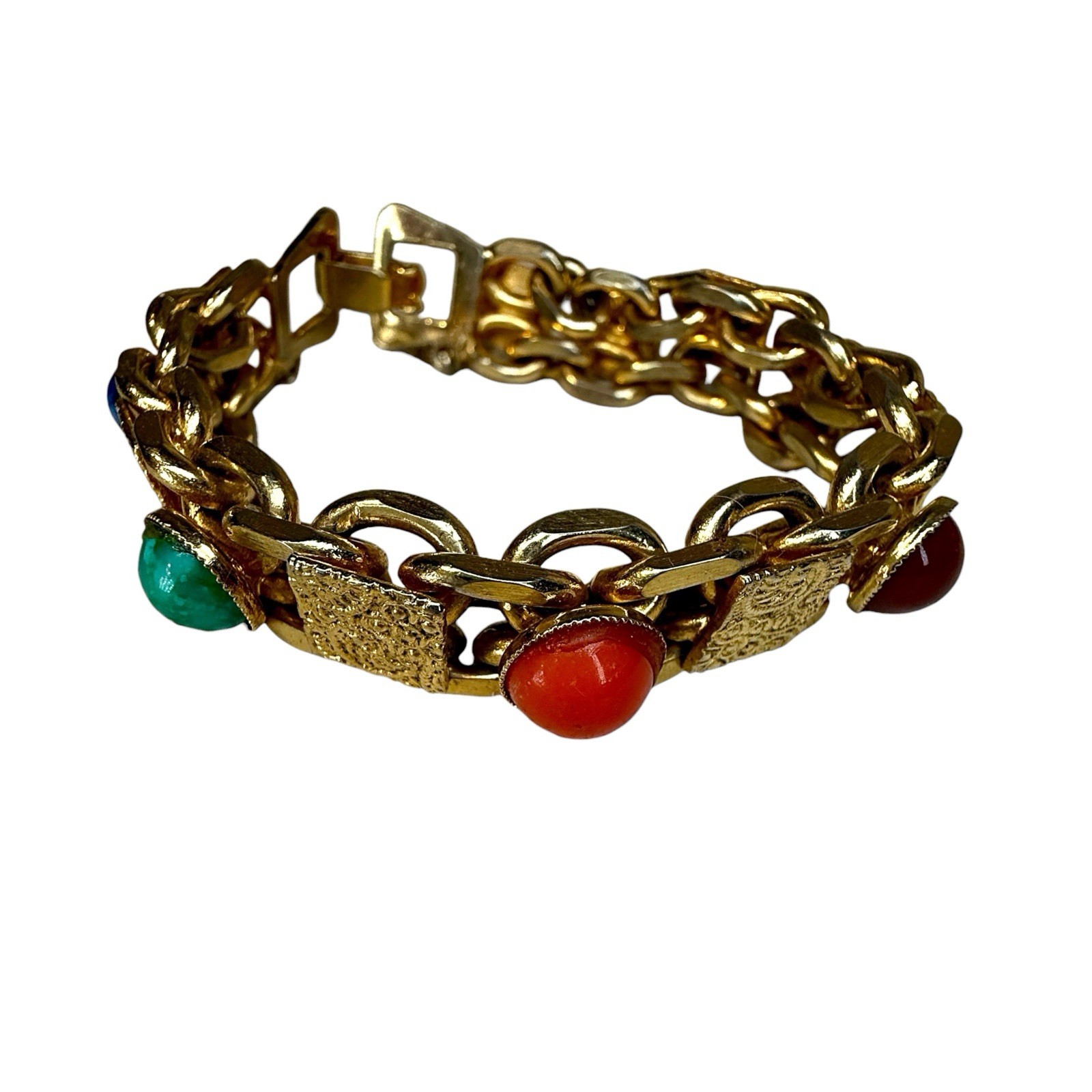 Vintage MCM Etruscan Revival Multi Color Cabochon Book Chain Bracelet 6.25″