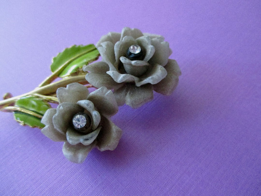 Vintage Celluloid Rose Pin Light Grey Floral with Rhinestones