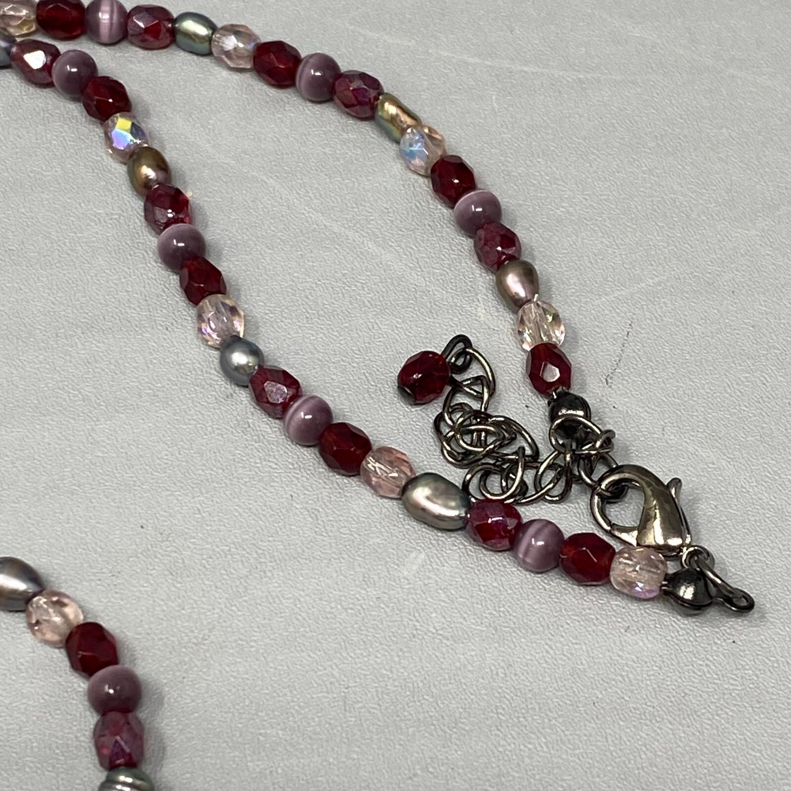Red Pendant Necklace Teardrop Faceted Glass Purple Cats Eye Dainty Iridescent AB