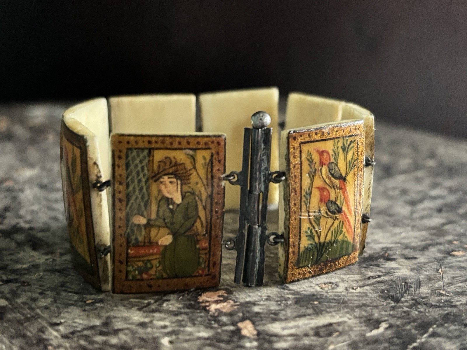 Antique Persian Hand Painted 8-Panel Story Bracelet on Bone Pin & Barrel Lock
