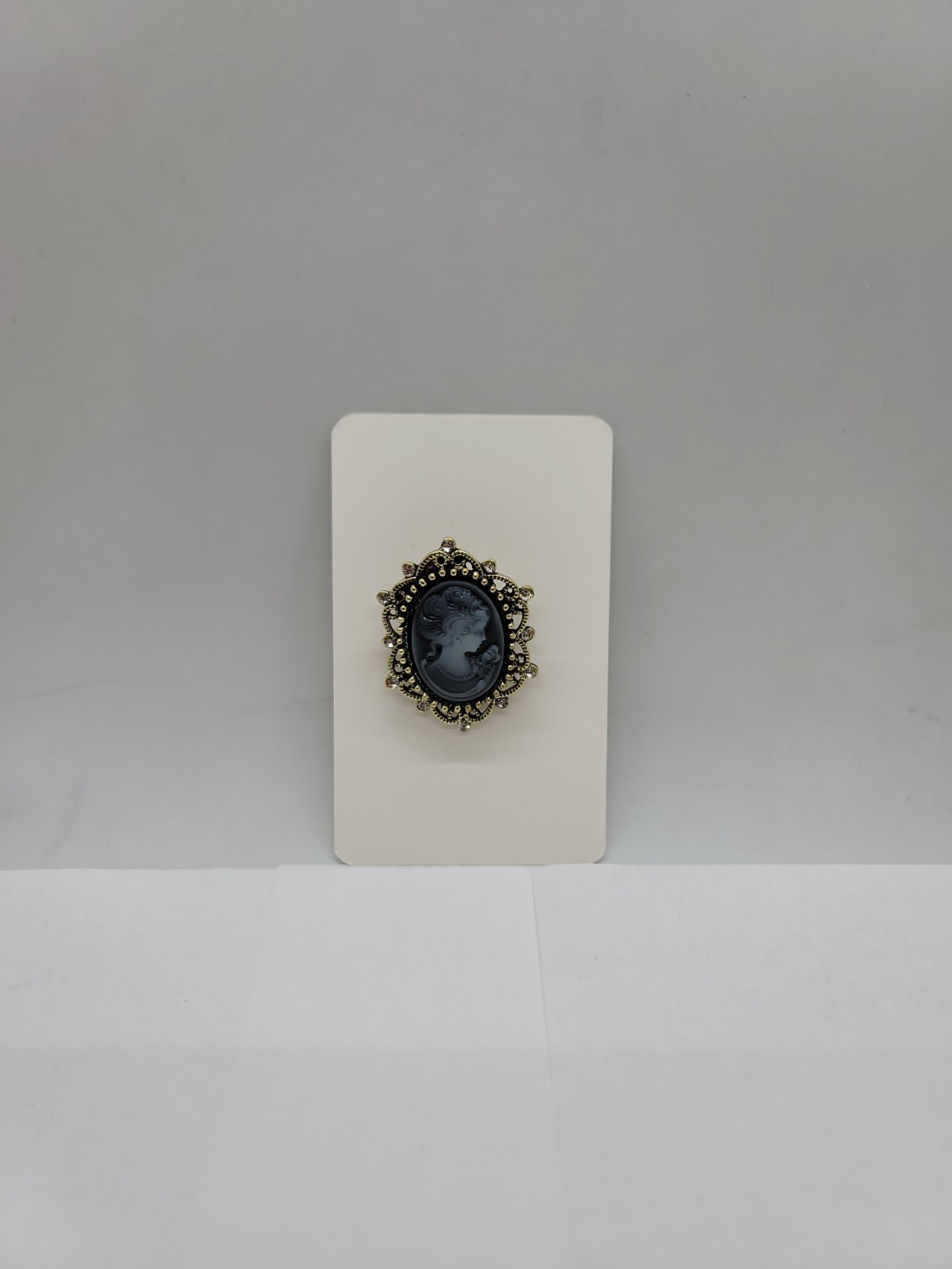 Vintage Victorian Style Cameo Brooch Pin Petite Black & Gray Rhinestone New
