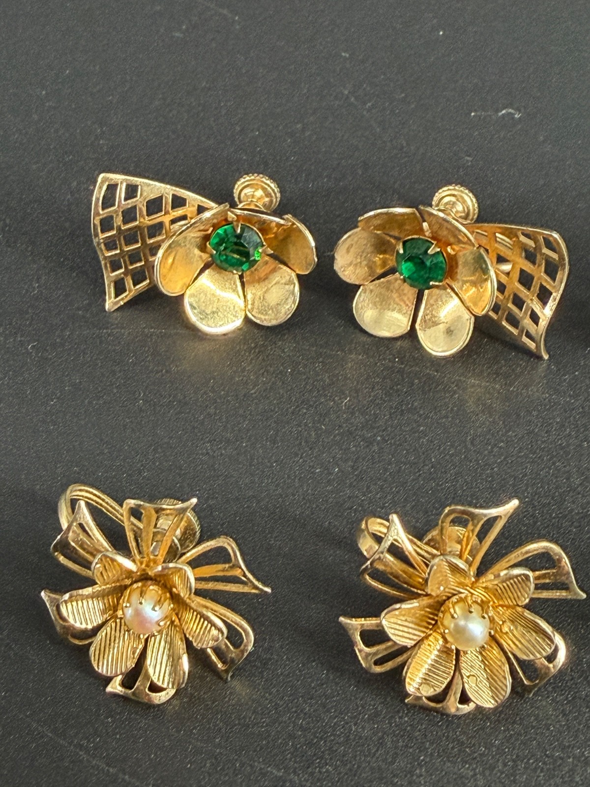 Vintage Flower Rhinestone Screw Back Earrings Lot 50s 60s
