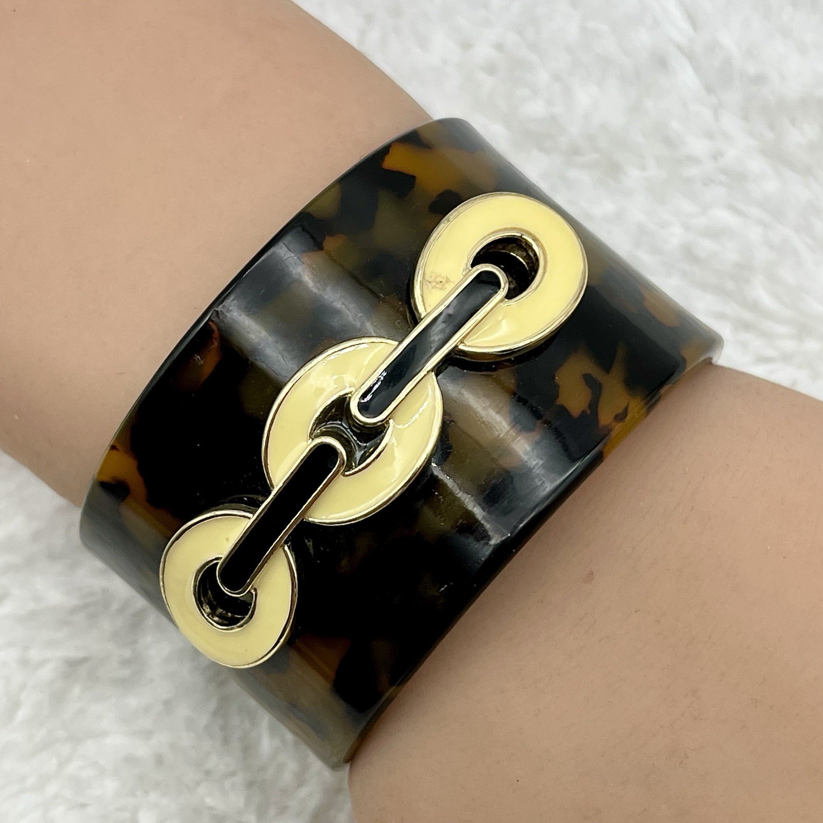 Vintage Faux Tortoise Lucite Cuff Bracelet Enamel Chain Wide Bangle SMALL