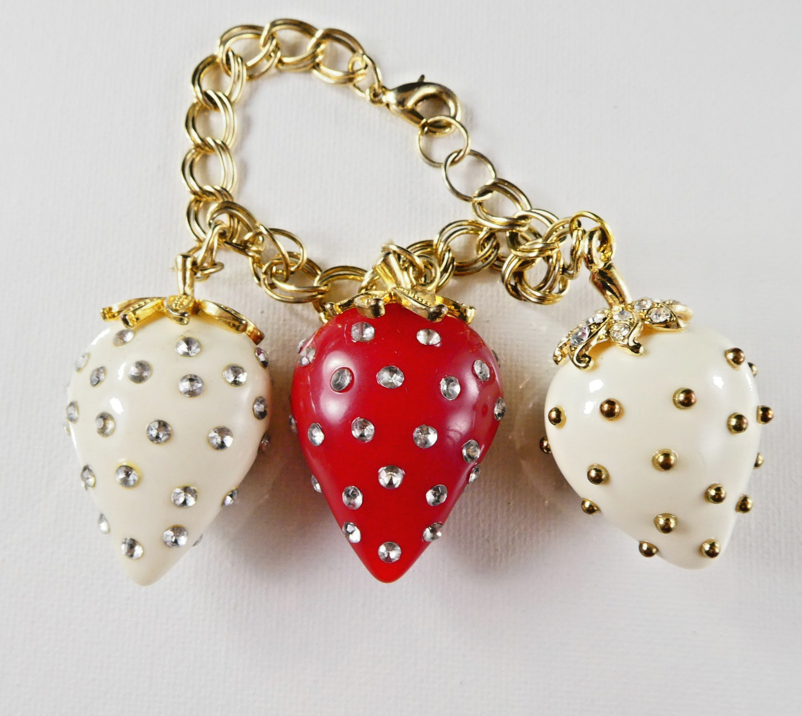 Vintage Strawberry Charm Bracelet 3 Large Charms Red White Gold Tone Double Link