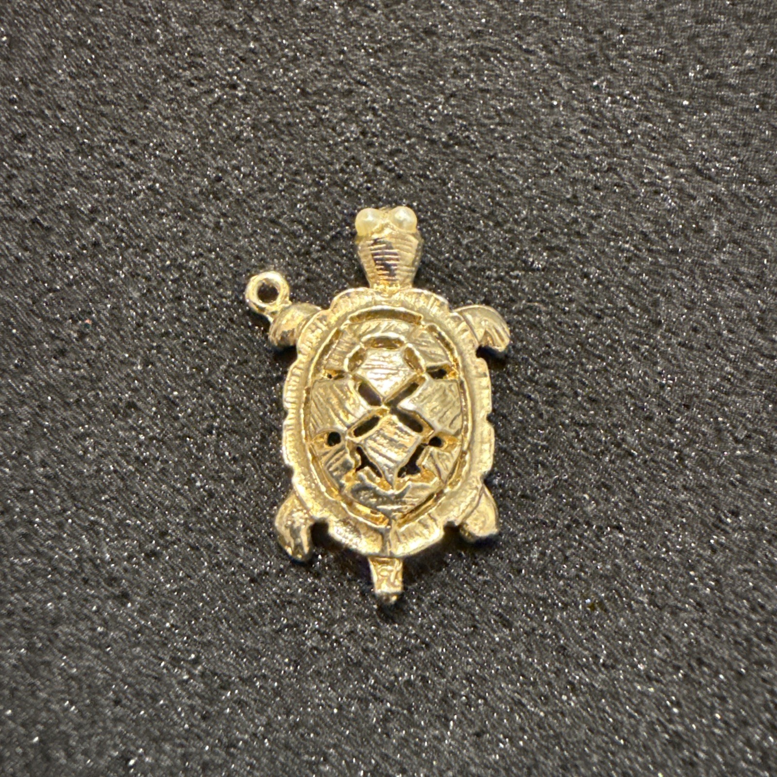 Vintage Detailed Gold Tone Turtle Pendant Pearl Eyes Lucky Tortoise Charm