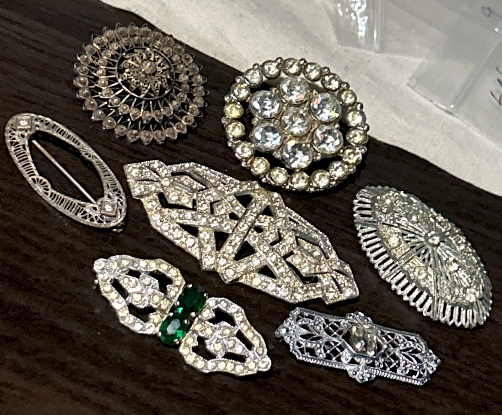 7 OLD ANTIQUE VICTORIAN MIXED METALS RHINESTONE FILIGREE PINS BROOCH