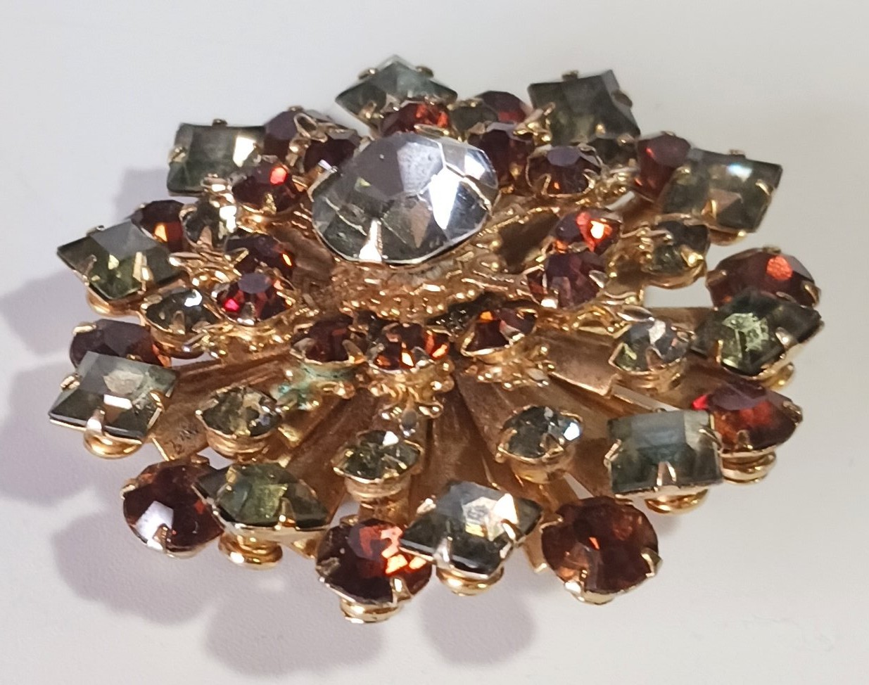Vintage Gold-tone Layered Brooch w/ Smoky Topaz- & Gray-Green Colored Rhinestone