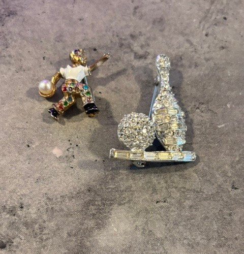 2 Vintage Clear and Multicolor Rhinestones Bowling Pin and Ball Brooch Pin