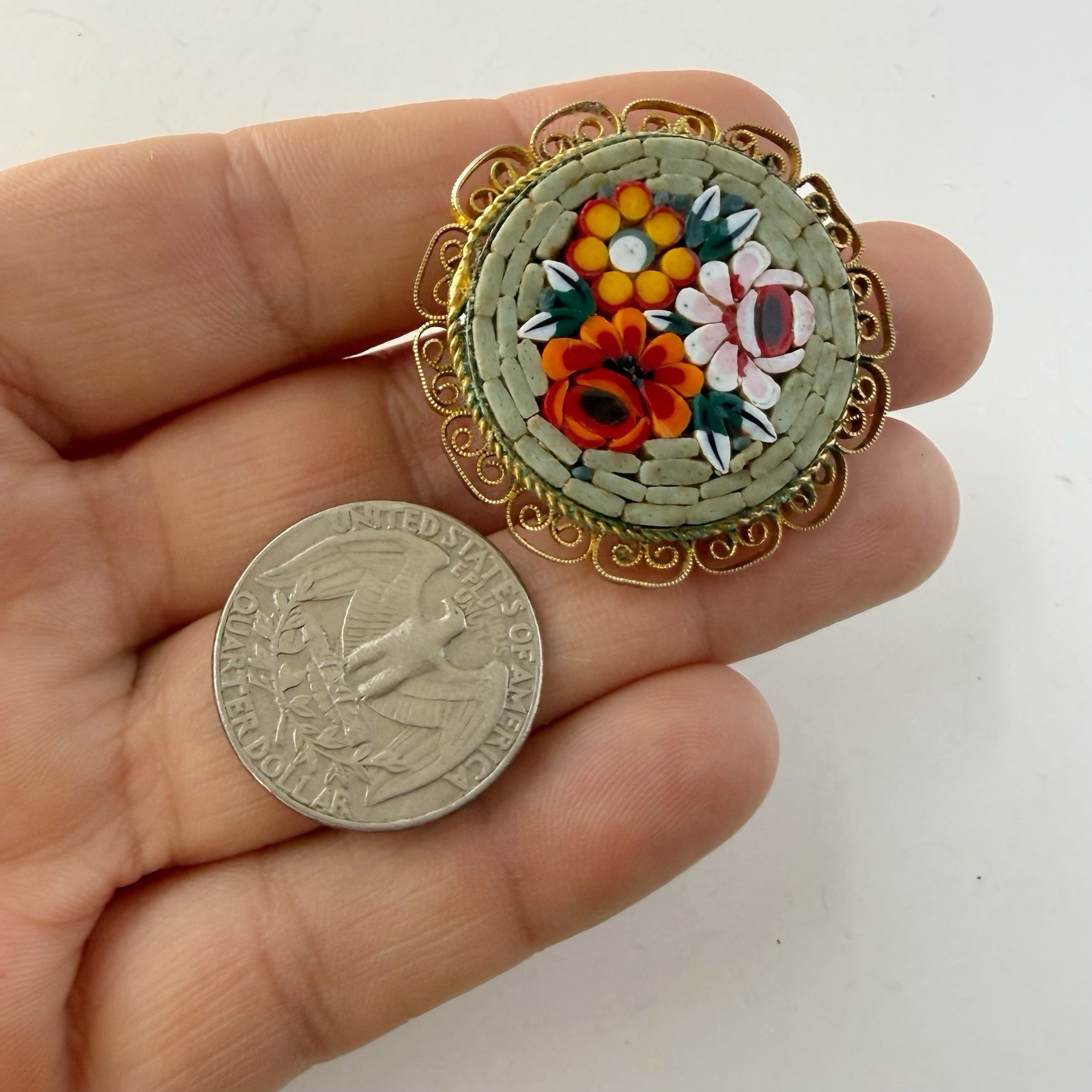 Vintage Micro Mosaic Floral Green Yellow Red Round Brooch Pin Italy